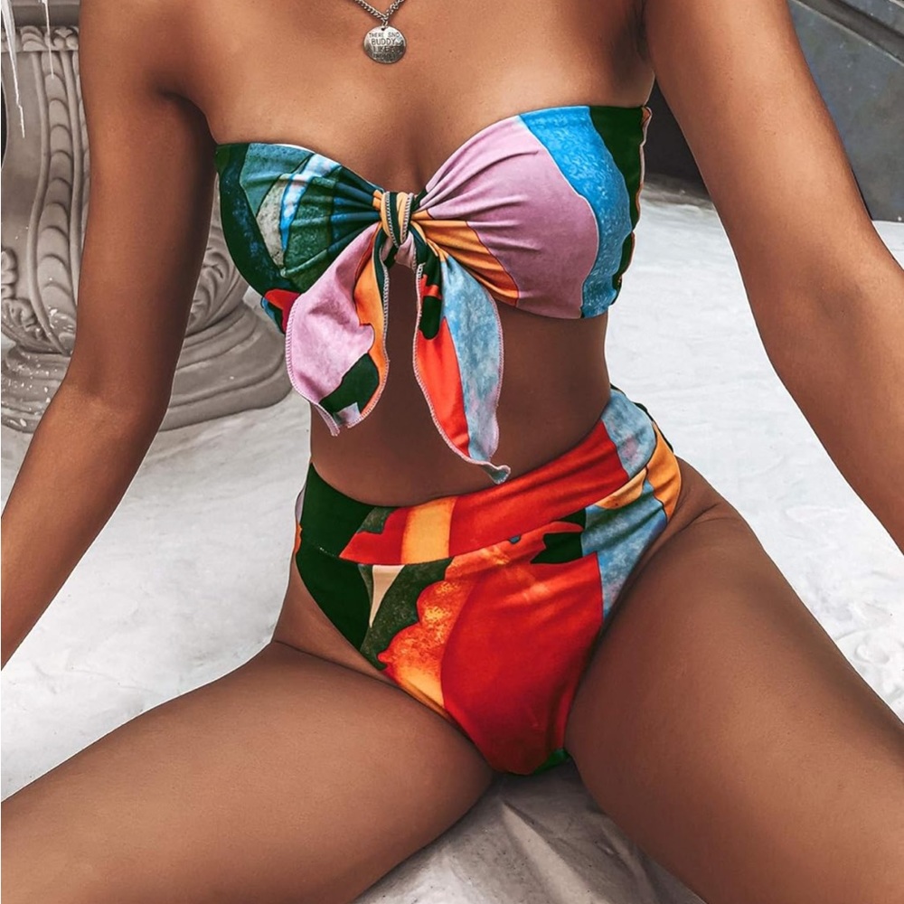 Never Worn: Colorful Tie-Top Bikini with Cheeky Bottoms